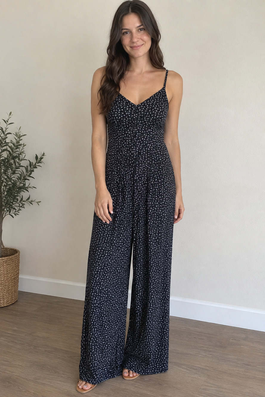 Studio B by Bobeau Floral Blue Ditsy Wide Leg Jumpsuit Large Crop  Knit Romper